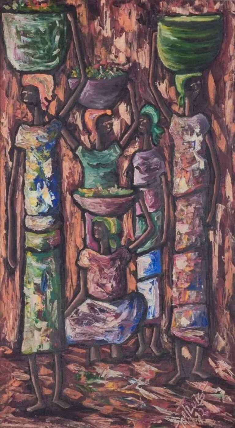 A.J. Luis, Haiti. Öl auf Leinwand. Fünf Frauen in einer Landschaft. 1972-" könnte umformuliert werden als: "A.J. Luis, Haiti. Ölbild auf Leinwand. Fünf Frauen in einer...