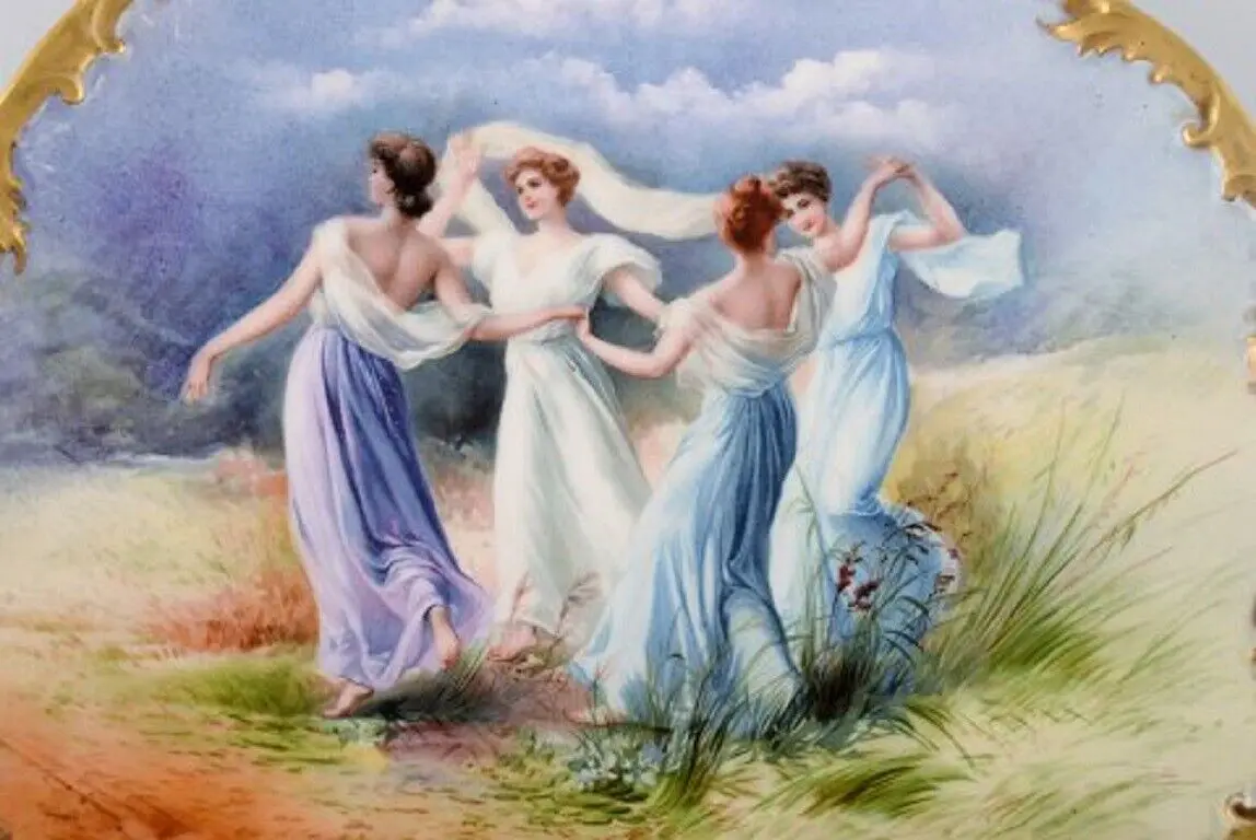 Antike große handbemalte Porzellanschüssel mit Tänzern aus Limoges, Frankreich