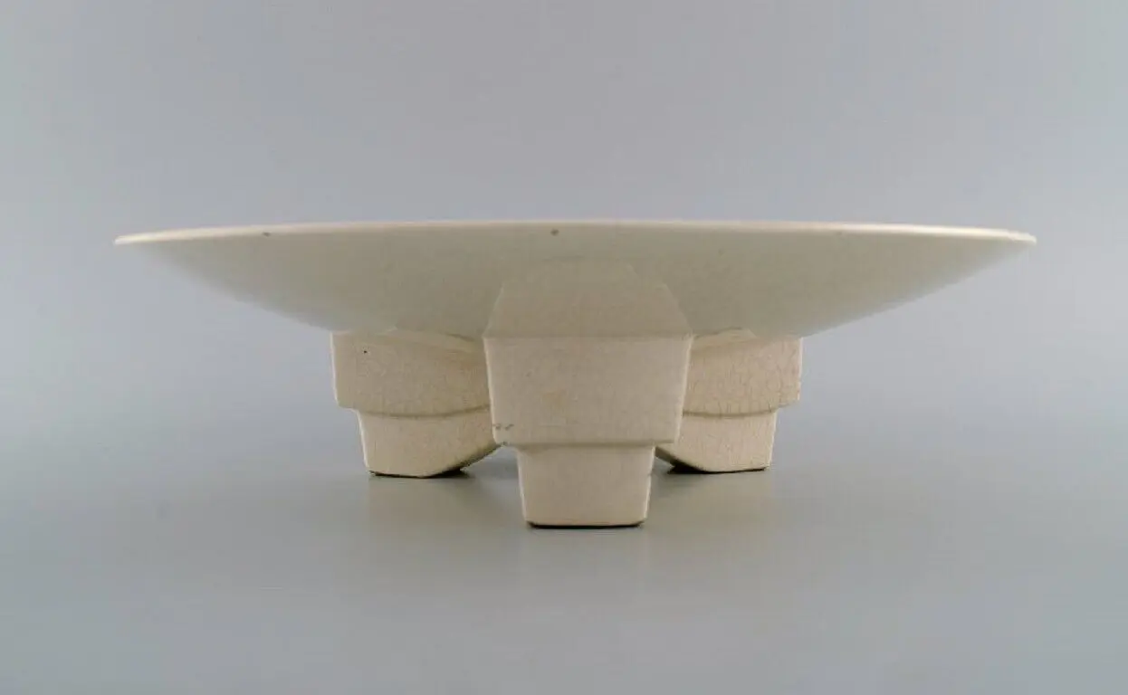 Art Deco Schale aus glasiertem Steinzeug auf Stativ, Longwy, Frankreich, 1940er Jahre