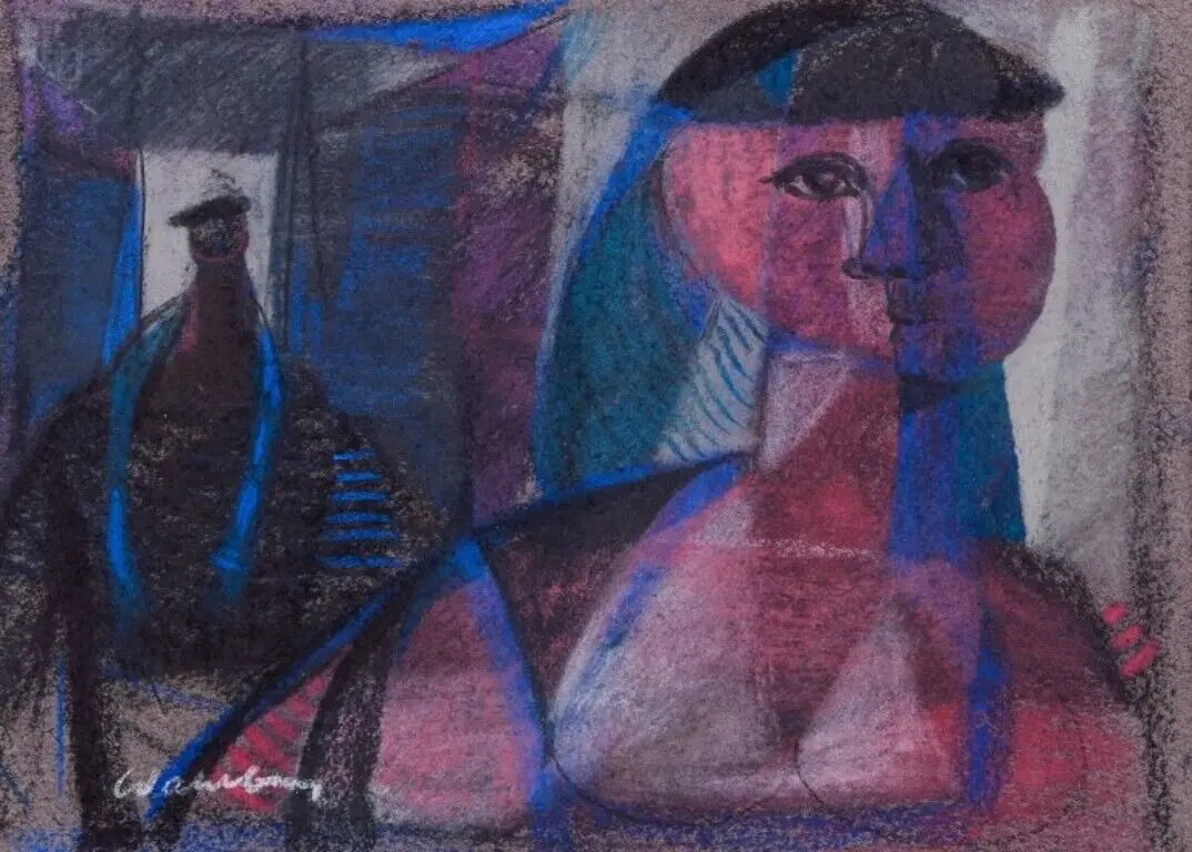 Bertil Wahlberg, gelisteter schwedischer Künstler. Pastell auf Papier. Figurative Komposition
