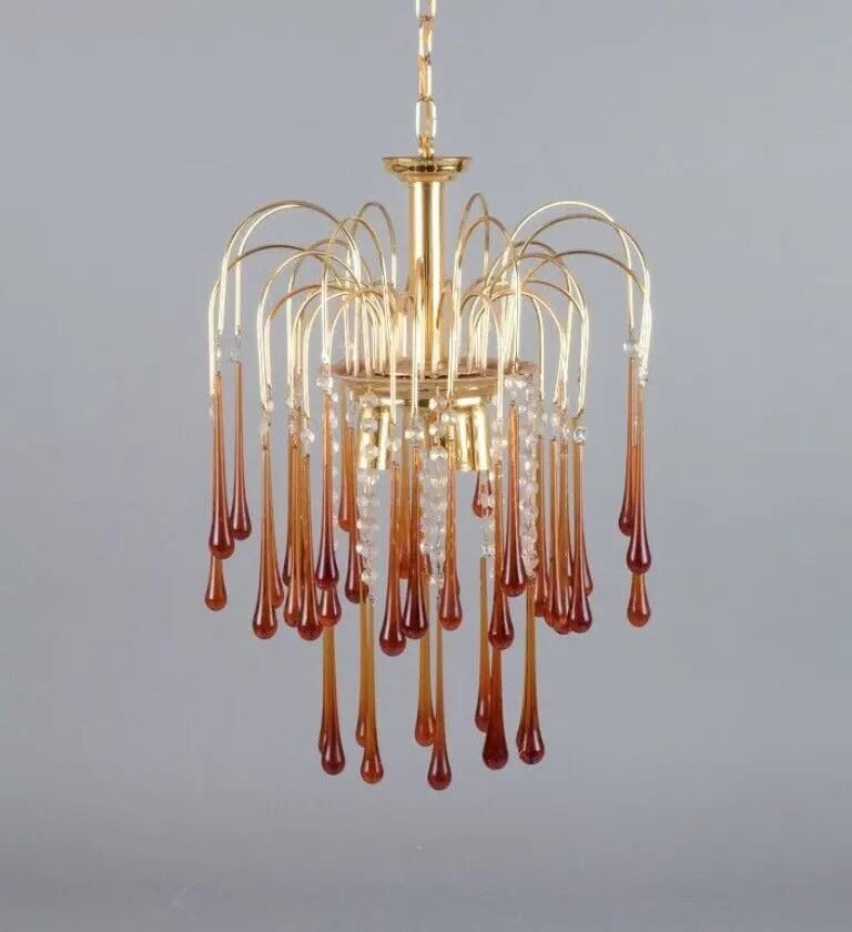 Deckenlampe aus bernsteinfarbenem mundgeblasenem Kunstglas mit Messingrahmen – Murano, Italien