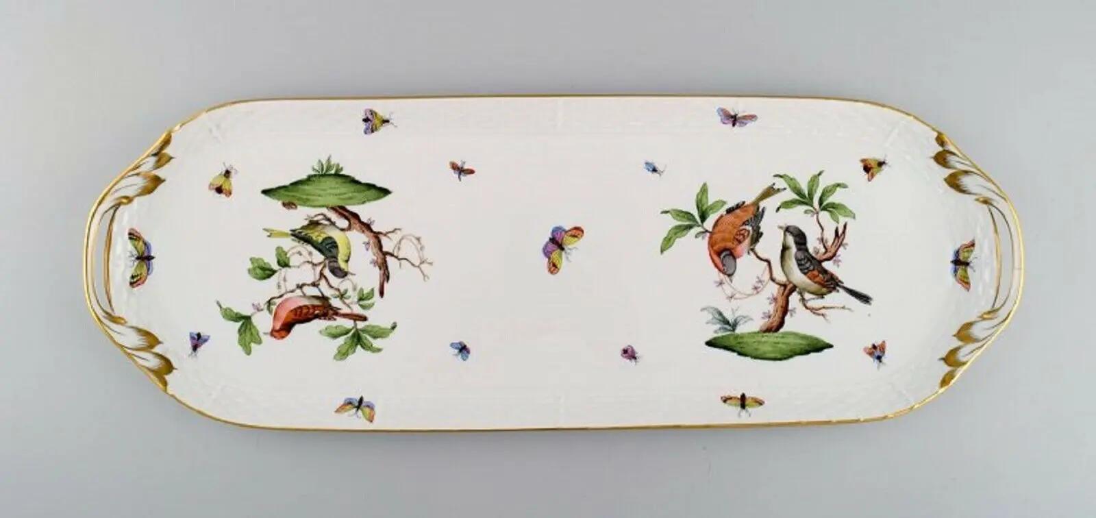 Länglicher Servierteller/Tablett mit Herend Rothschild Vogel-Motiv aus handbemaltem Porzellan