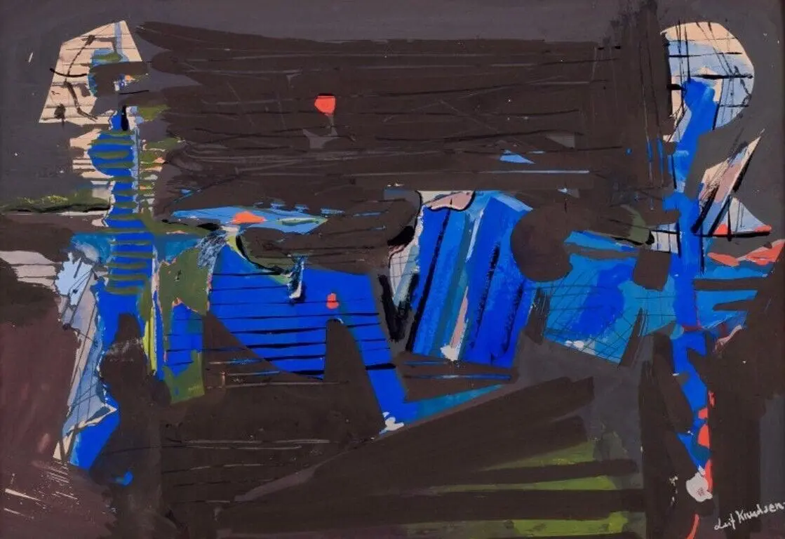 Leif Knudsen, schwedischer Künstler. Mischtechnik auf Papier. Abstrakte Komposition