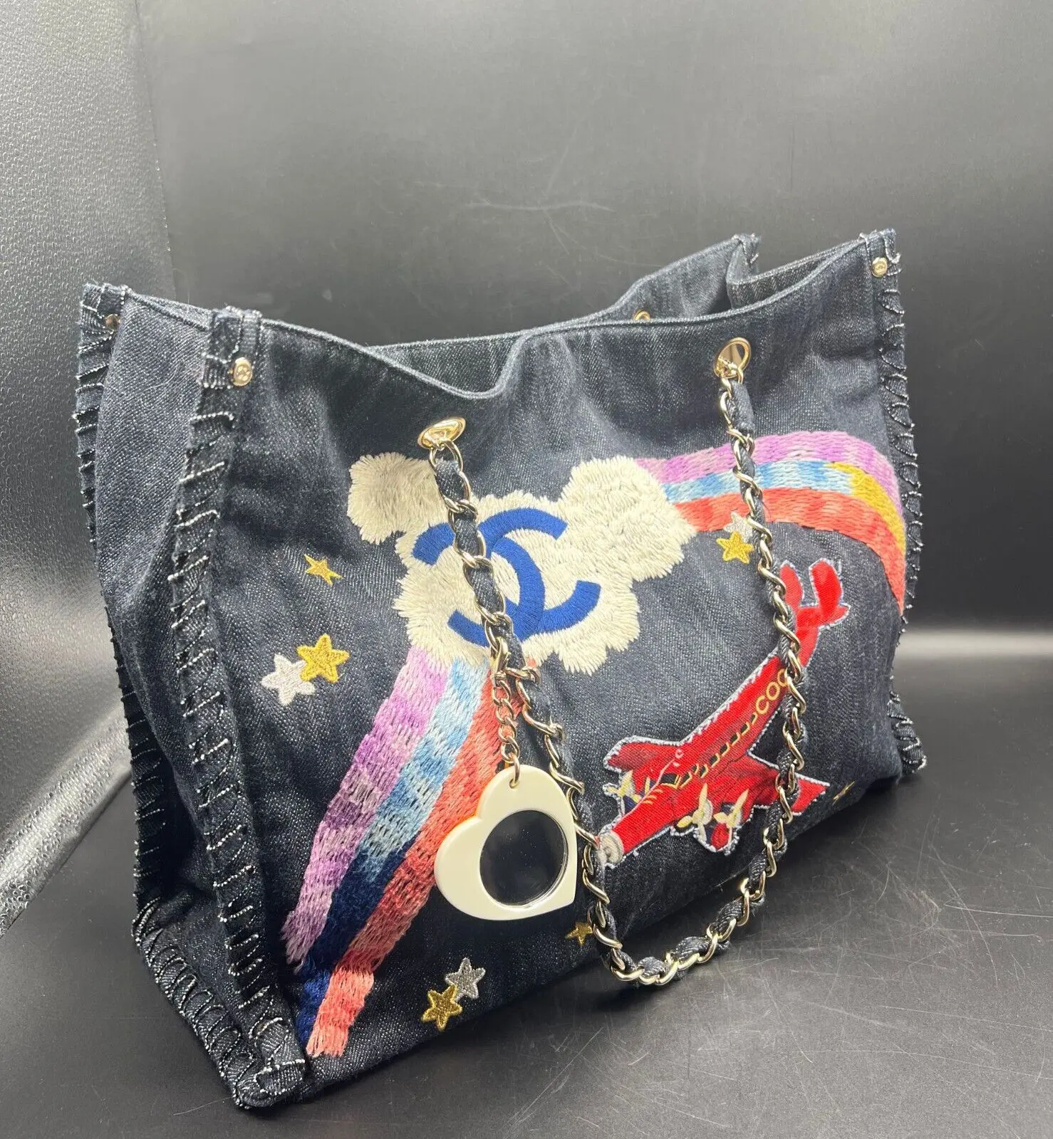 C1 Chanel Handtasche Limited Edition Flugzeug Regenbogen Mischtechnik Blau Jeans Denim