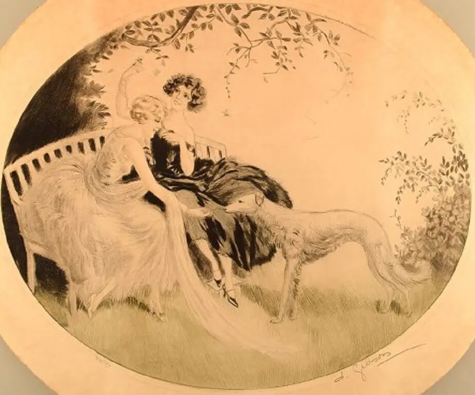 Charles Dana Gibson (1867-1944), Lithografie. Zwei Frauen und ein Hund