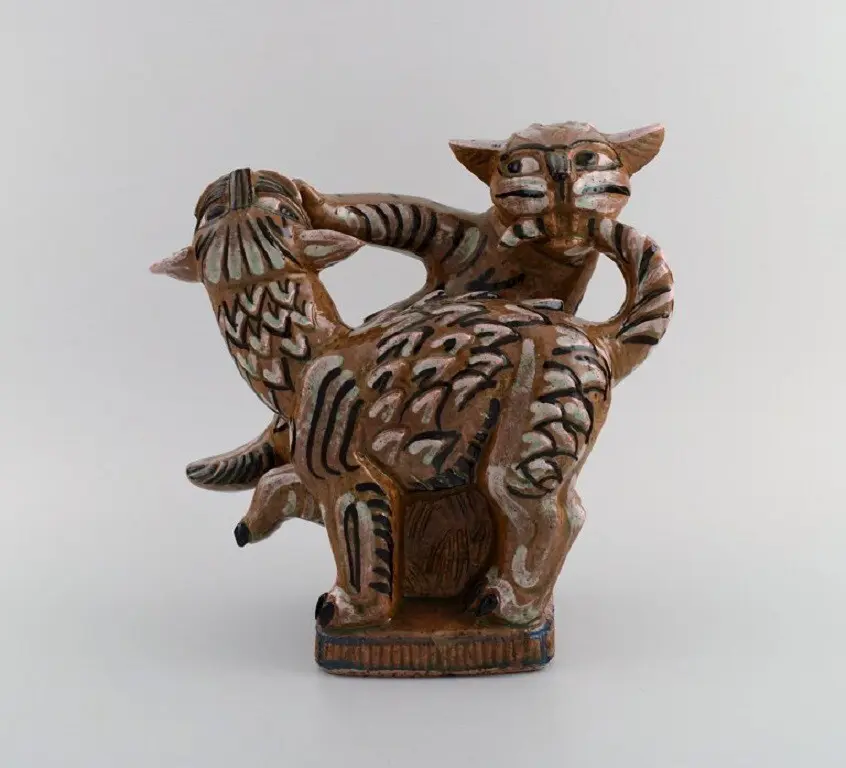 Einzigartige Figur von Helge Christoffersen (1925-1965), Dänemark. Spielende Katzen