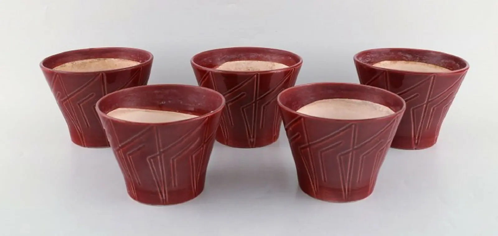 Fünf glasierte Keramik-Blumentöpfe von Bo Fajans im Marianne-Design aus den 1960er/70er Jahren