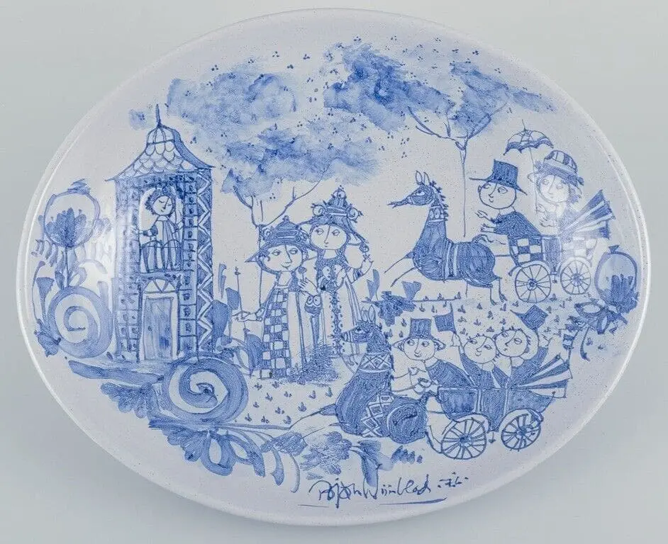 Bjørn Wiinblad, Das Blaue Haus, handgefertigt. Große ovale Keramikschale