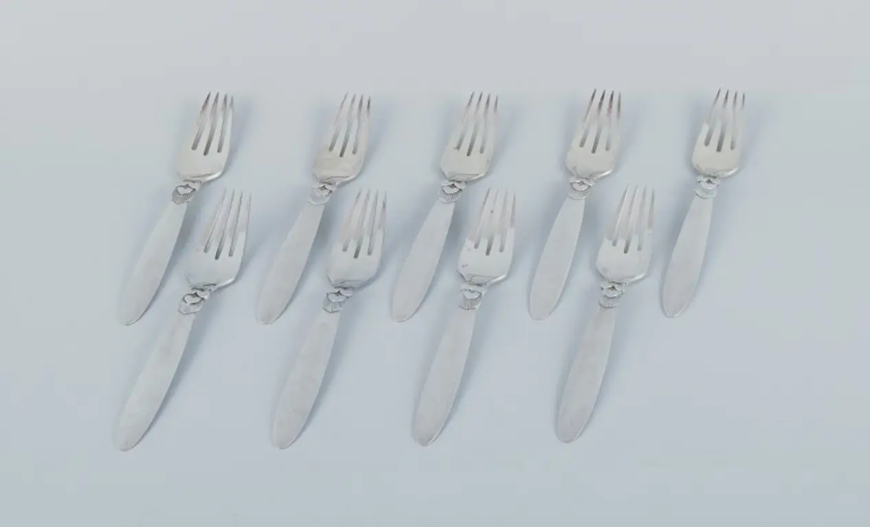 Georg Jensen Kaktus, Set mit neun Tafelgabeln aus Sterlingsilber